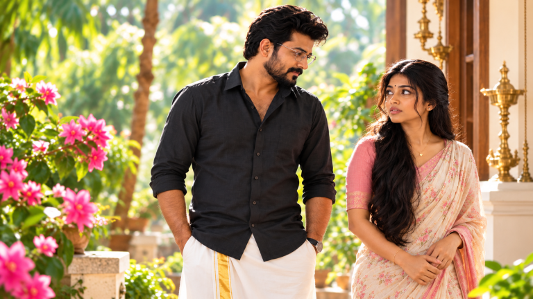 അർജുൻ അവളുടെ കവിളിൽ ഒന്ന് അമർത്തി മുത്തിക്കൊണ്ട് പറയുകയാണ്.